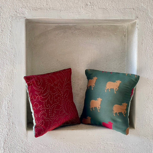 Mekong Merlot & Jade Cushion Cover with filler - 7 x 7 - Set of 2